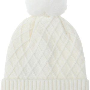 BYOS, Women's Cream Cable Knit Hat w/ Faux Fur Pom Pom/ Fleece Lining/ Warm!